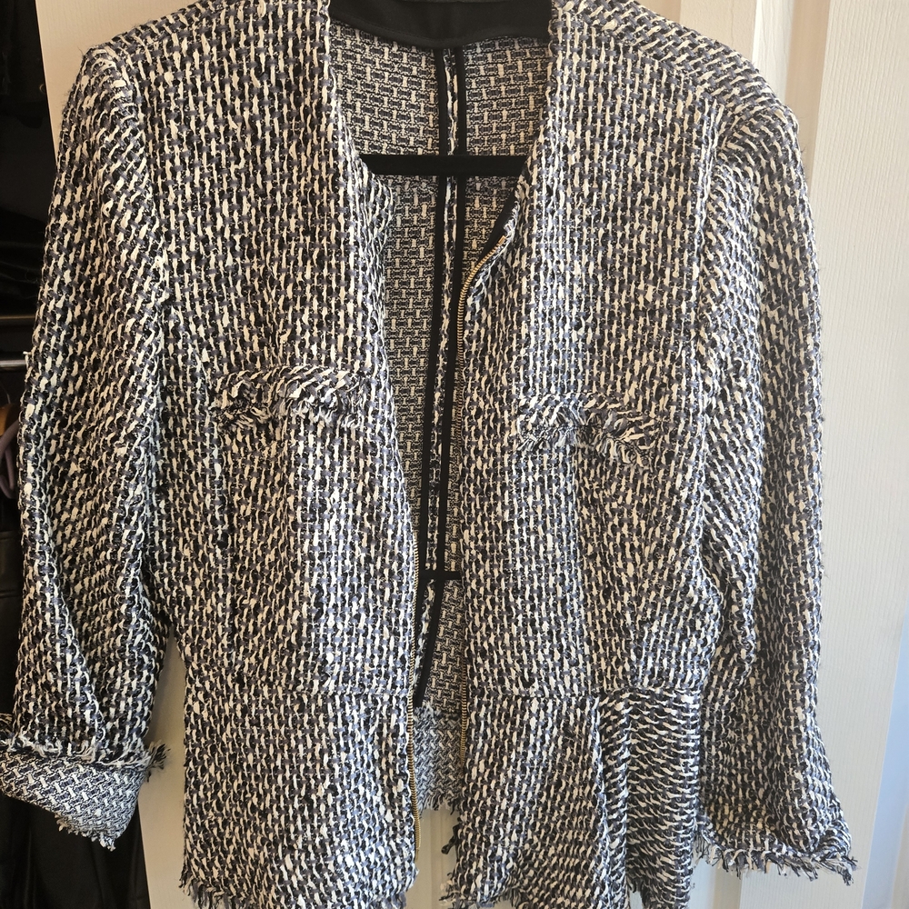 Roland Mouret Navy and White Tweed Jacket with Fringe Detail